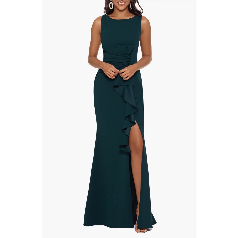 NEW $229 Betsy & Adam [‎ 8 ] Sleeveless Ruffle Bow Trumpet Gown in Pine Green - Picture 2 of 14